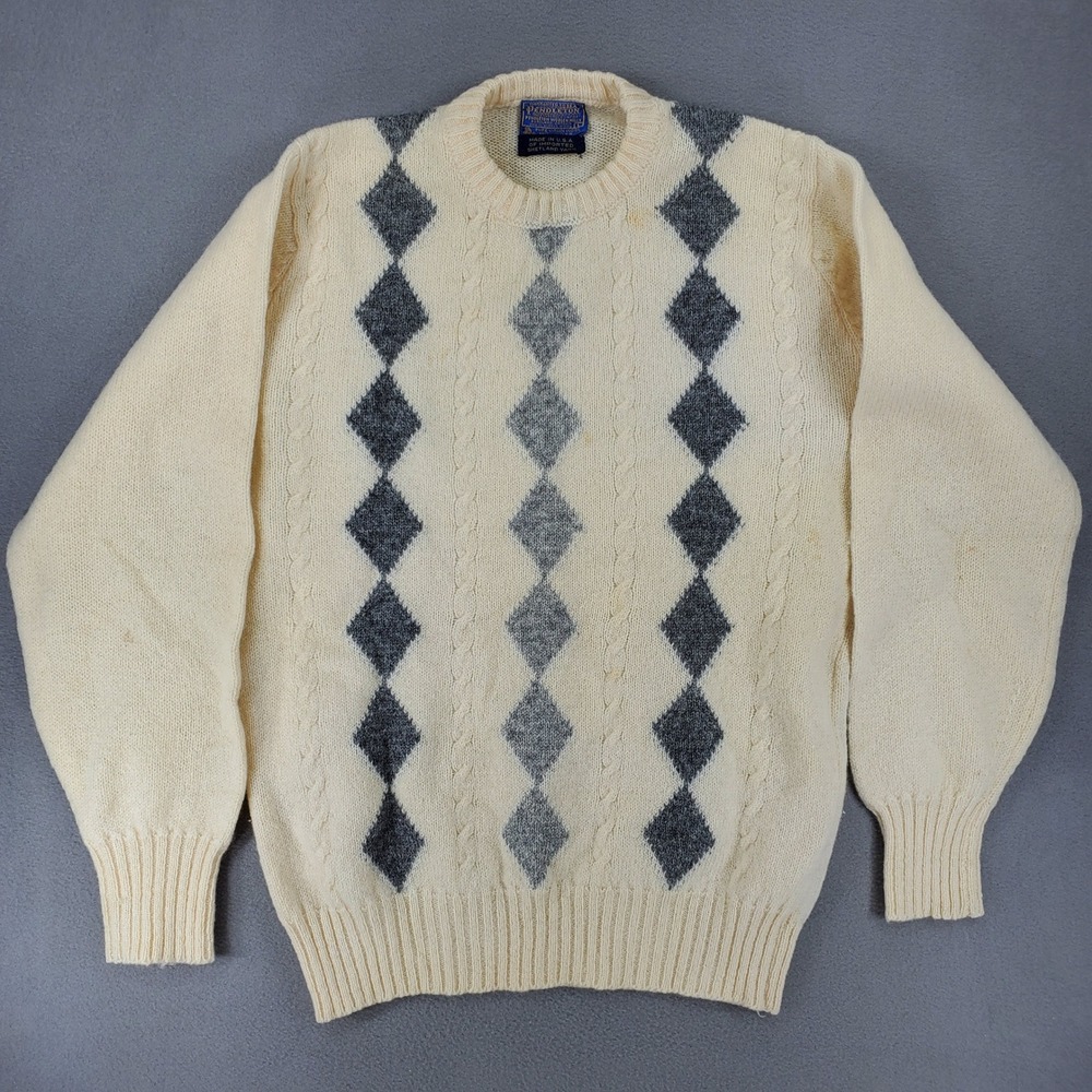 Pendleton Sweater Men L Cream Argyle Cable Knit Shetland Wool USA Vintage